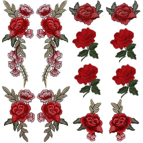 6 sett 12 stykker rød rose broderte lapper Ulike dekorative design Gjør-det-selv-klut kunst broderi dekorasjoner
