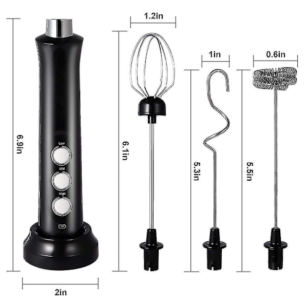 Melkeskummer Håndholdt, 3-trinns USB Oppladbar Elektrisk Visp, Mini Skummer, Med 3 Rustfrie Visper Perfekt For Bulletproof Kaffe, Latte, Cappuccino black