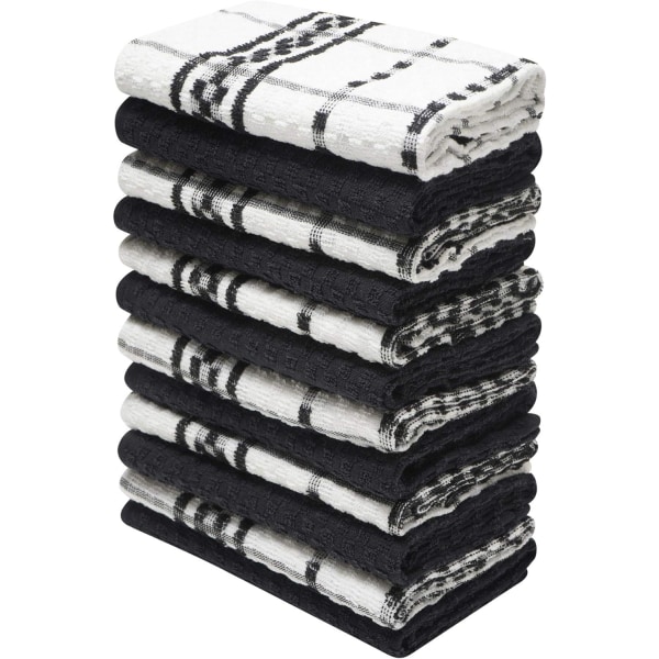12 pakke rutete kjøkkenhåndklær - 38 x 63 cm, svart og hvit - 100 % ringspunnet bomull (285 g/m2) Supermyk og absorberende