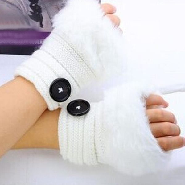 Dame Halv Fingerløse Handsker Faux Pels Kinitted Arm Varmer Hårede Håndled Vinter Luffer White