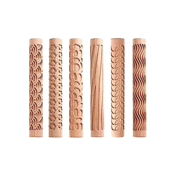 Sett med 6 Wood Clay Modeling Pattern Rollers Kit, Clay Roller Textured Hand Roller Trehåndtak