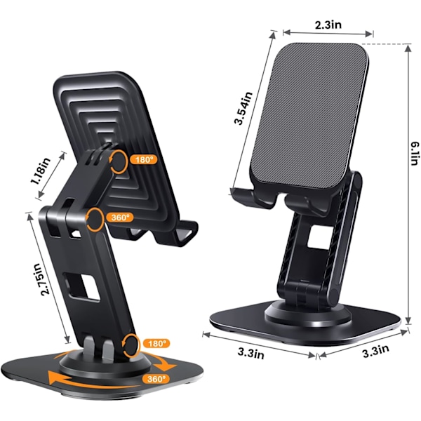 2-pack mobiltelefonhållare, justerbar [360° rotation] halkfri metallbas, hopfällbar och bärbar telefonhållare (svart-vit)