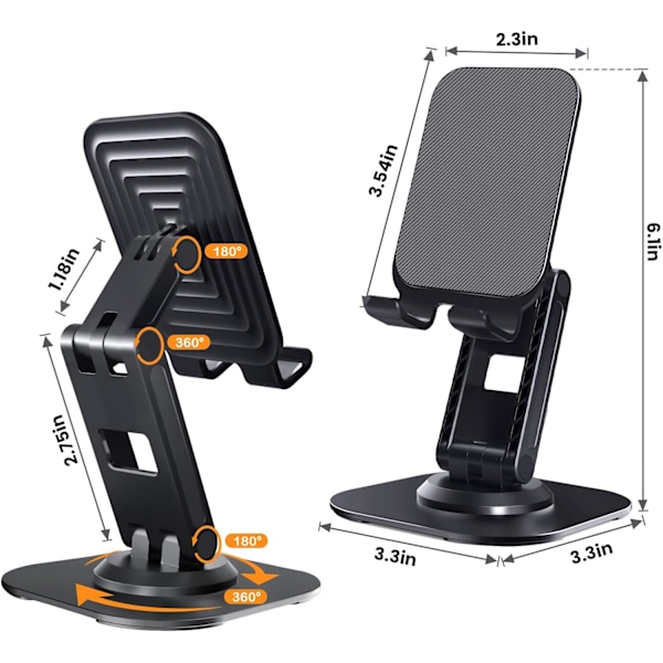 2 stk. mobiltelefonstativ, justerbar [360° rotasjon] sklisikker metallbase, sammenleggbar og bærbar telefonstativdokk (svart-hvit)
