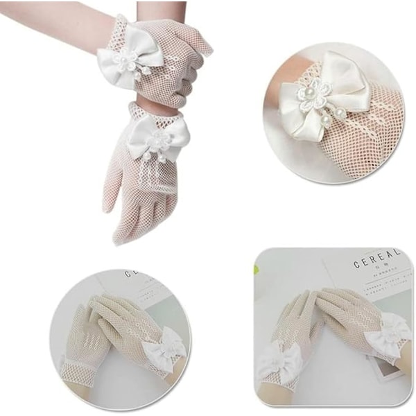 Brudhandskar, Flapperhandskar, Blomsterflickor Spets Tie Handskar, Spets Pärla Dekoration för Bownot för Holy Communion Pageant Kväll