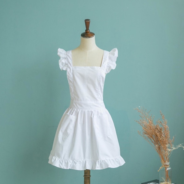 Retro volangförkläde Tjusigt sött vitt förkläde för kök Matlagning Bakning Städpiga Kostym - 2023 L