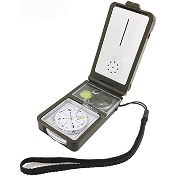 10 i 1 Utomhus Multifunktionell Camping Överlevnadskompass Med Nivå, Visselpipor, Kompass, Linjal, Reflektor, LED-ficklampa, Förstoringsglas, Termometer, Hygrometer