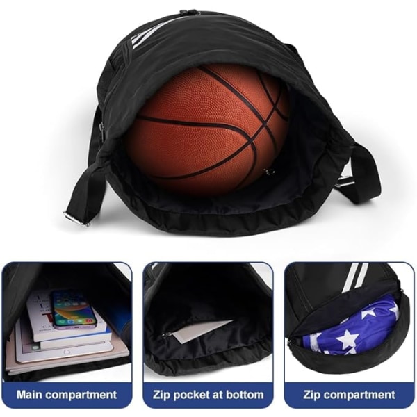 Drawstring Backpack, Waterproof Sports Backpack, Large Black Gym Bag with Shoe Compartment and Water Bottle, Mesh Pockets