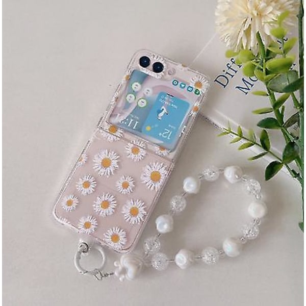 Cute Flower Clear Case Kompatibel Samsung Galazy Z Flip 5 med Flower Chain Lanyard Armband Z Flip 5 Case Yellow