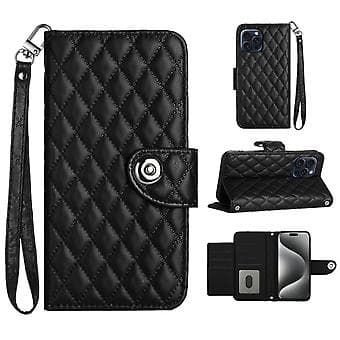 Til iPhone 13 Pro Rombemønstret Flip Læder Telefoncover med Snor Black