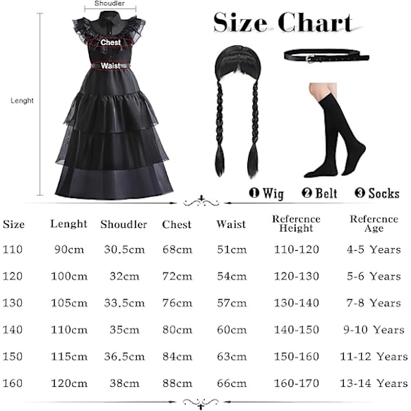 Sort kostume Pigekjole til børn Sort outfit Halloween kostumer Cosplay fest med bælte paryk sokker 4-19 år Black 160cm