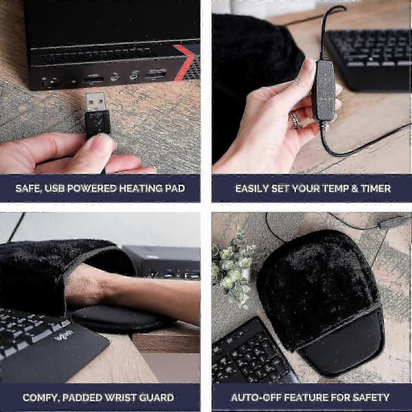 USB-oppvarmet musematte håndvarmer - 3 temperaturer - Kontroller inkludert Black