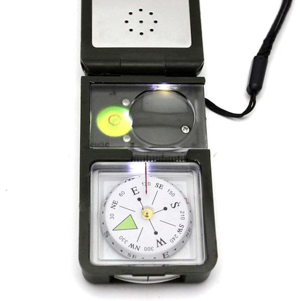 10 i 1 Utomhus Multifunktionell Camping Överlevnadskompass Med Nivå, Visselpipor, Kompass, Linjal, Reflektor, LED-ficklampa, Förstoringsglas, Termometer, Hygrometer