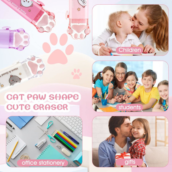 4 Pack Cat Paw sisäänvedettävä pyyhekumi lapsille Kawaii Pencil Style pyyhekumi kirjoittamiseen piirtämiseen koulutarvikkeita (4 väriä)
