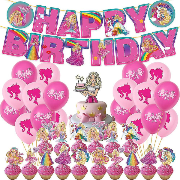 Barbie Tema Prinsessan Födelsedagsfest Dekoration Ballong Tårta Toppers Banner Set Presenter