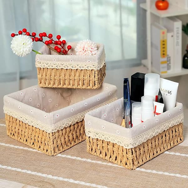 Set of 3 Rattan Baskets, Small Rectangular Rattan Baskets with Linen