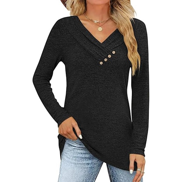 Kvinners langærmet T-skjorter Casual Myk Lett Bluser Tunika Topper V-hals Genser Pullover Knappet Ned Topper, S-XXL Black S