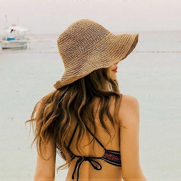Dame Solhatte Bred Skygge Sommer Strandhat til Kvinder Sammenfoldelig Rejse Stråhat UPF50+