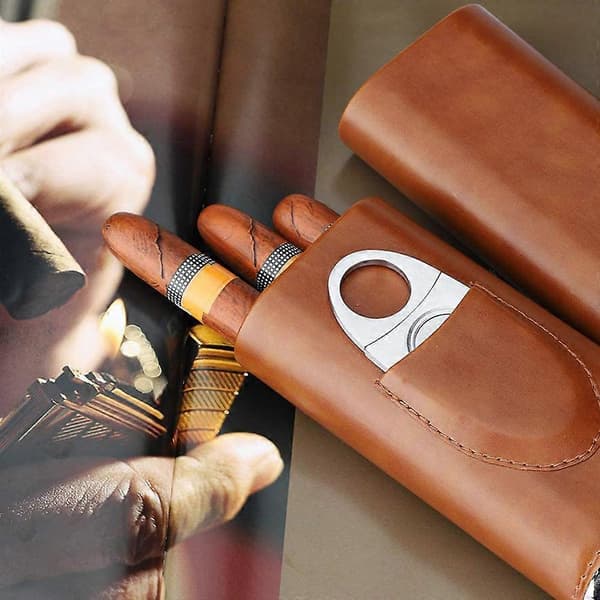 Cigarrfodral i läder med cederträfoder, bärbart cigarrresefodral för män, elegant design, premiummaterial, cigarrskärare i stål ingår för