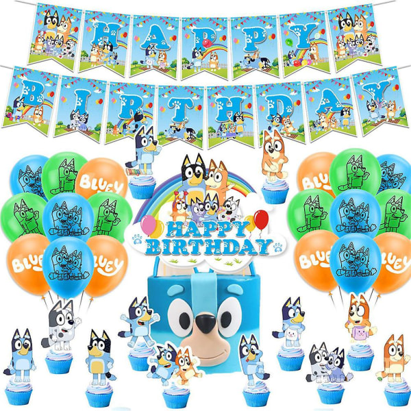 Bluey Theme Kids Gratulerer med dagen Festutstyr Kit Banner Ballonger Kake Cupcake Toppers Dekorasjonssett