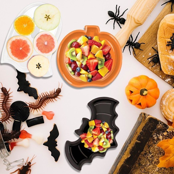 Halloween-hedelmälautaset, 3 kpl/setti, kurpitsa-aavelepakko-muotoinen juhlatarjotin, keksialusta, tarjoilualusta Halloween-juhliin