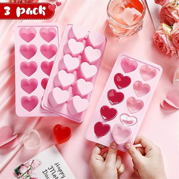 3-pak hjerteformede isterningbakker, hjerteisterningforme, Valentine silikoneforme til chokolade, slik, kagepops Pink