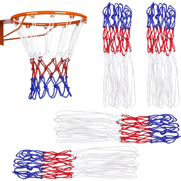4 pakke kraftige basketballnet, udskiftningssæt for basketballnet, trefarvede basketballnet, 12 spænder til indendørs udendørs sport