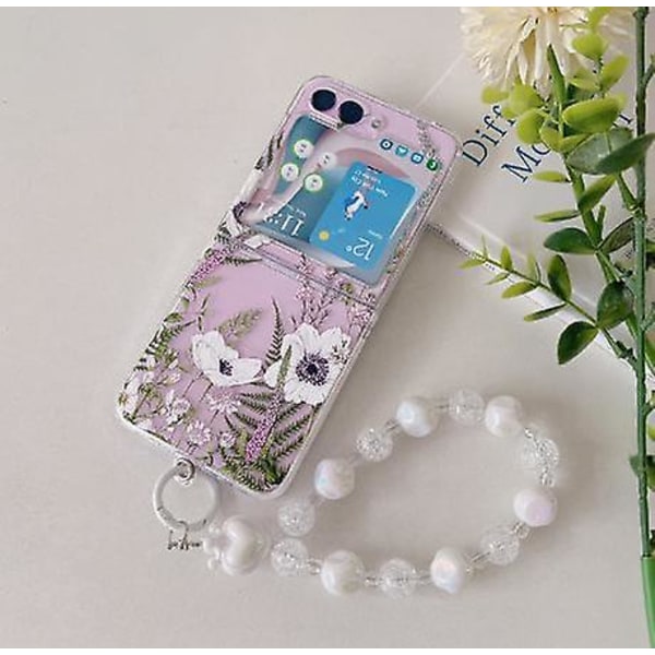 Cute Flower Clear Case Kompatibel Samsung Galazy Z Flip 5 med Flower Chain Lanyard Armbånd Z Flip 5 Case White