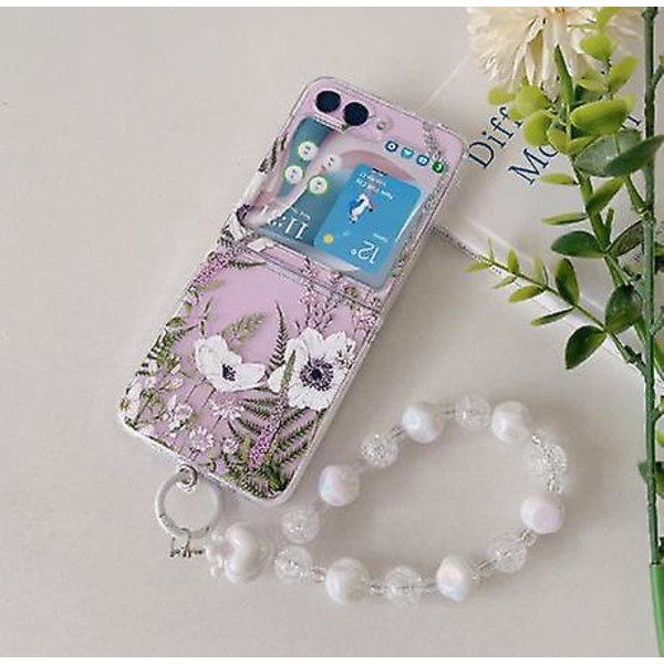 Sött Blommigt Klart Skal Kompatibelt Med Samsung Galaxy Z Flip 5 Med Blommig Kedja Lanyard Armband Z Flip 5 Skal White