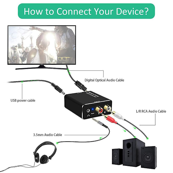 Digital til Analog Lydkonverter, dac Digital Spdif Optisk til Analog L/r Rca & 3.5mm Aux Stereo Au black