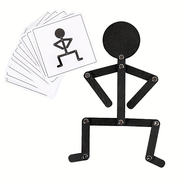Trästickman Leksak, Svart Trä Stick Man Leksak Med 24 Kort Fest Pussel Leksak Pedagogiskt Spel Barn Present För 3 År+