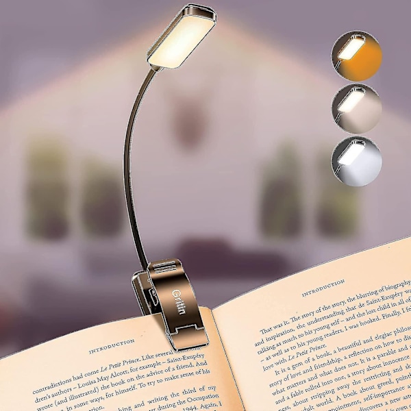 9 LED-boklampa, Gritin 3 ögonvänliga lägen läslampa boklampa (varm och kall vit ljus) - steglös dimning, uppladdningsbar, lång batteritid