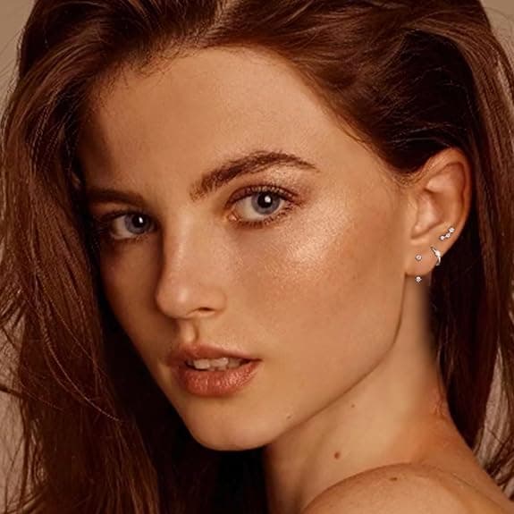 3 Sterling Sølv Stud Hoop Øreringe Sæt til Kvinder 14K Guldbelagte Øreringe Stacks Små Fine Stud Hoop Øreringe Sæt til Flere Huller Blue