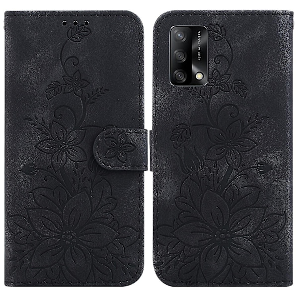 Kotelo Oppo A74 4g Kohokuvioitu Lily Käännettävä Lompakko Premium Pu Nahkakansi Korttipidikkeellä Yhteensopiva Oppo A74 4g:n Kanssa Black