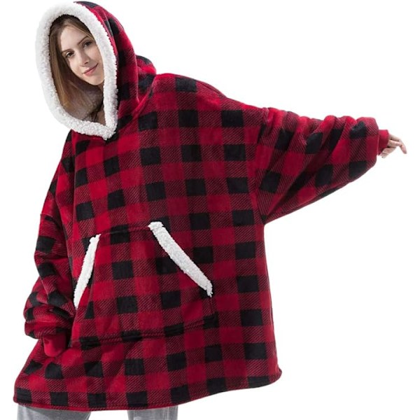 Sherpa Fleece Tjock Huvtröja Fickor Oversized Toppar Fodrad Termisk Filt Höst Vinter Checkered One size