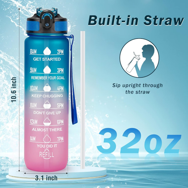 1 Liter Motivational Water Bottle with Time Marker, 1L Leakproof BPA Free Sport Water Bottle with Straw and Carry Strap