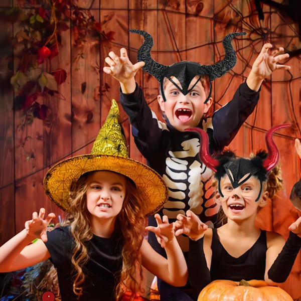 Horn Hodebånd, 2stk Horn Hodebånd Sett, Halloween Hodebånd med Halskjede Heks Hodebånd Edderkopp Hodeskalle Flaggermus Hårbøyle Heks Hodebånd for Fester