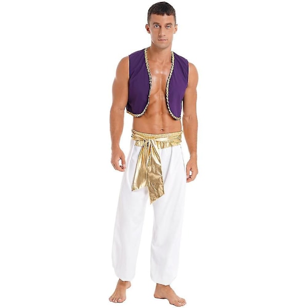 Herre Halloween Kostyme Mytisk Prins Aladdin Karneval Cosplay Party Antrekk Paljettkantet Vest med Beltebukser Gold A L