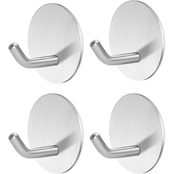 4-pack självhäftande väggkrokar, ingen borrning, väggkrokar i rostfritt stål, självhäftande krokar för vägg, kök, badrum, garderobsdörr, silver