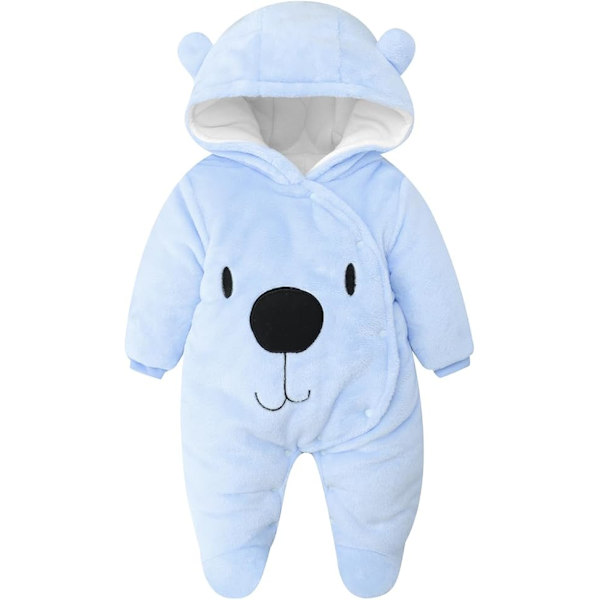 Baby Hooded Rompers Flanell Vinterkläder Footed Rompers Långärmade Jumpsuits för 0-12 månader Blue 0-3months