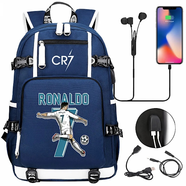 CR7 Fotboll Ryggsäck USB Laddning Ronaldo Skolväska Reselapptoppväska för Tonåringar Studenter