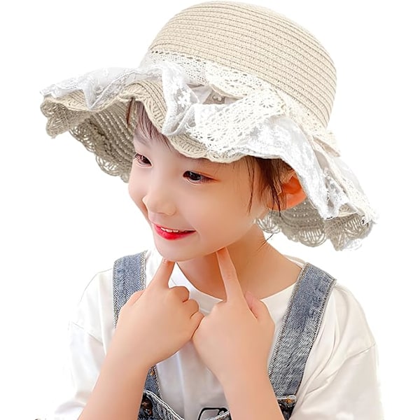 Baby Girls Solhat i Halm med Fancy Lace Bowknot Princess Strandhat til Småbørn Bred Skygge Floppy UV Beskyttelse Rejseferie Cap til 2-6 År