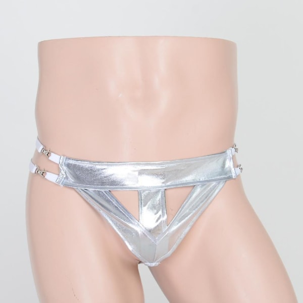 Men's Leather Jockstrap Underwear T-back G-string Briefs Thong Lingerie Silver Silver