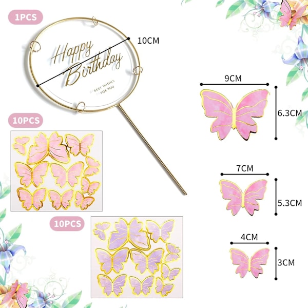 20 stk. Sommerfugler Kakepynt, 3D Sommerfugler Dekor Kaketopper Cupcake Toppers Kake Bursdag Jenter Bursdagsfest Dekor