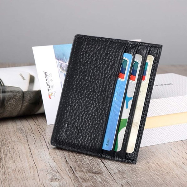 Läderkorthållare, Kreditkortshållare, Läderplånbok, Ultratunn plånbok Läderplånbok present, unisex, svart