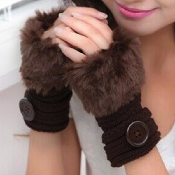 Kvinder Halv Fingerless Handsker Faux Pels Kinitted Arm Varmer Hårede Håndled Vinter Luffer Coffee