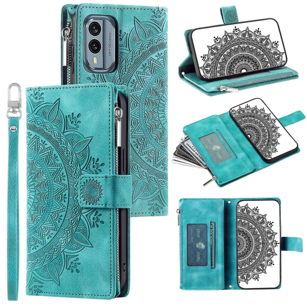 For Nokia X30 5g Mandala Flower Preget Pu Leather Case Magnetisk lås Multi Card Slot Beskyttende deksel med glidelås lommebok og håndleddsstropp Green
