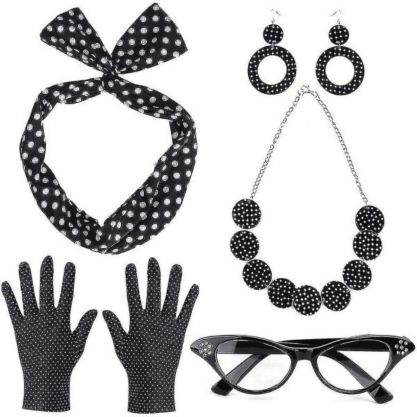 Kvinder 1950'er vintage kostume sæt 50'er retro festtilbehør sæt - kattebriller, bandana bindebånd, øreringe, halskæde, handsker Black