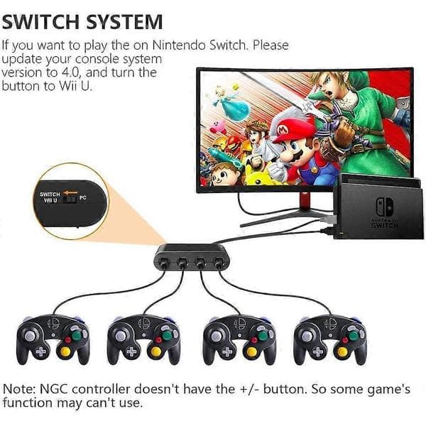 Adapter til Nintendo Switch Gamecube Controller Adapter og WII U og PC Controller Adapter. Understøtter Turbo- og Vibrationsfunktioner med 180 cm langt kabel