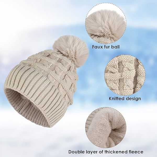 Naisten pompom-hattu, talvinen pipohattu, lämpövuorellinen fleece-hattu, naisten neulotut villahatut tekoturkispompomilla Beige
