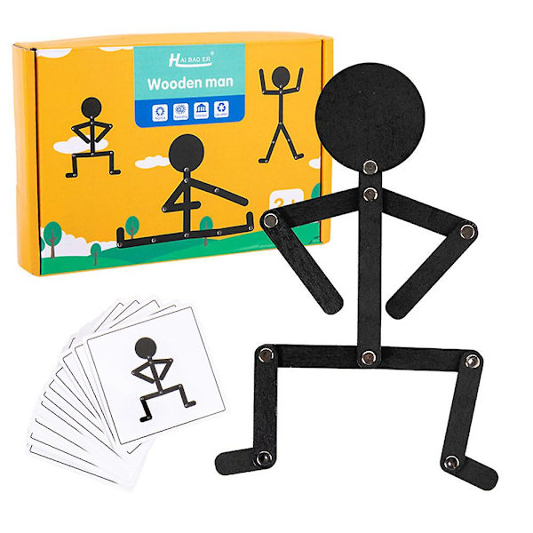 Træ Stickman Legetøj, Sort Træ Stick Man Legetøj Med 24 Kort Fest Puslespil Legetøj Pædagogisk Spil Børn Gave Til 3 År+